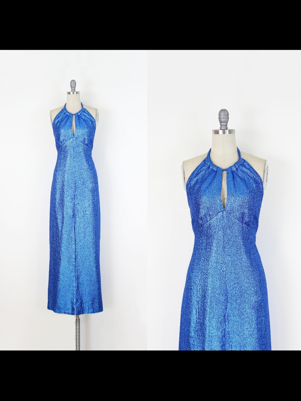 Vintage 70s Electric Blue Halter Maxi Dress